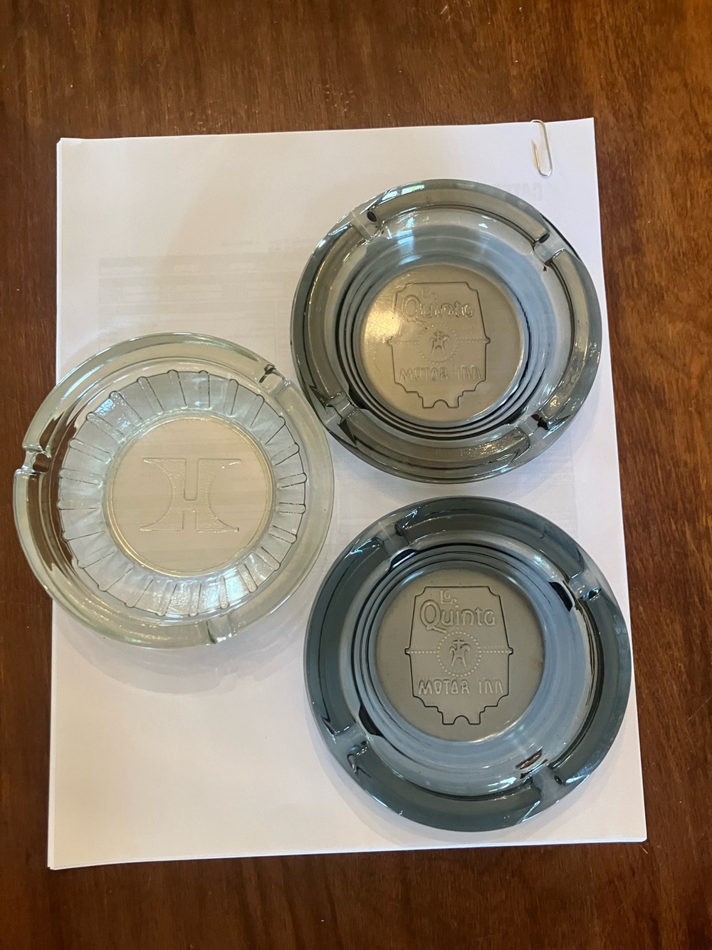 3 Glass Ashtrays from La Quinta and Hilton Hotels. Use for cool trinket dishes.